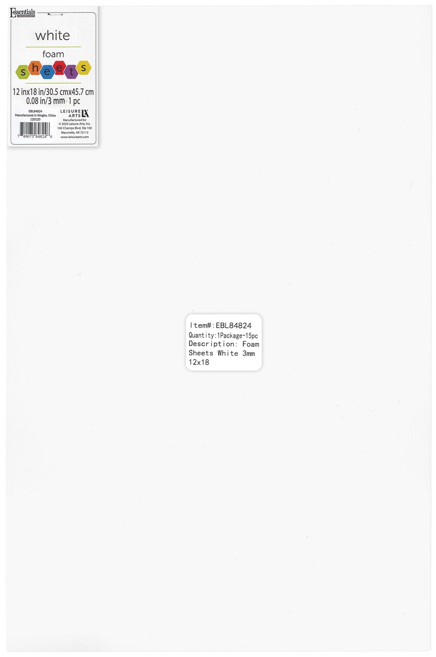 Essentials By Leisure Arts Arts Foam Sheet 12x18" 3mm White 15pc